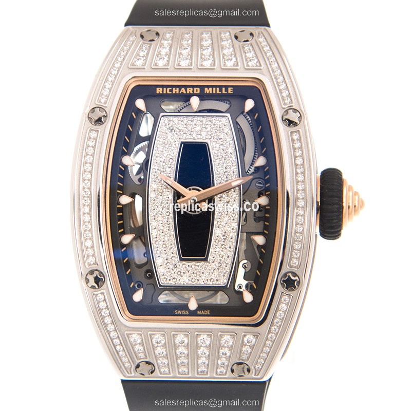 Richard Mille RM07-01 Replica - Automatic - 18kt White Gold - Diamond Set - Silver Dial - Black Rubber Strap